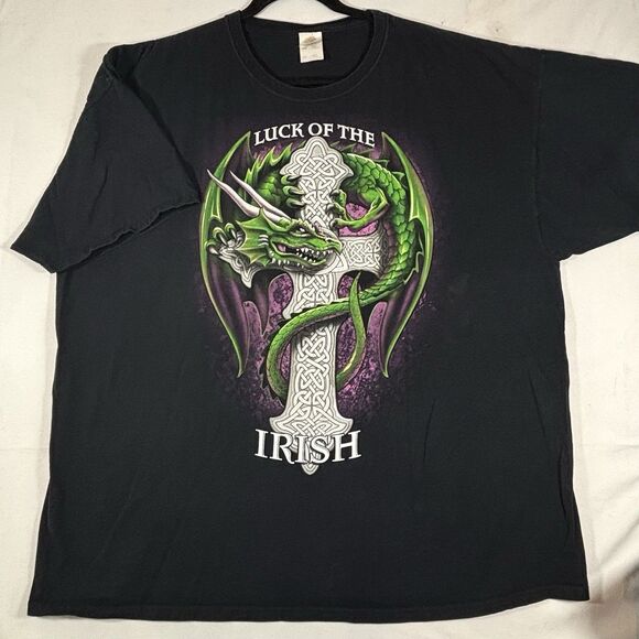 Vintage Luck Of The Irish Black T Shirt Dragon And Cross Y2K  Grunge - Picture 1 of 6